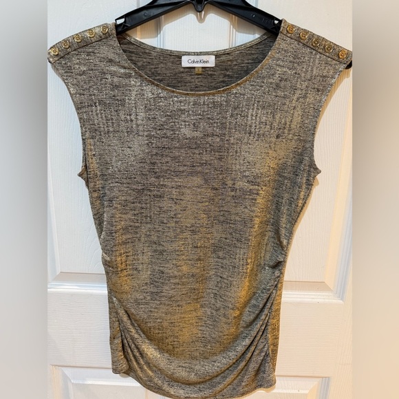 Calvin Klein Gold Ruched Sleeveless Muscle Tee gold buttons on shoulder - Picture 1 of 3